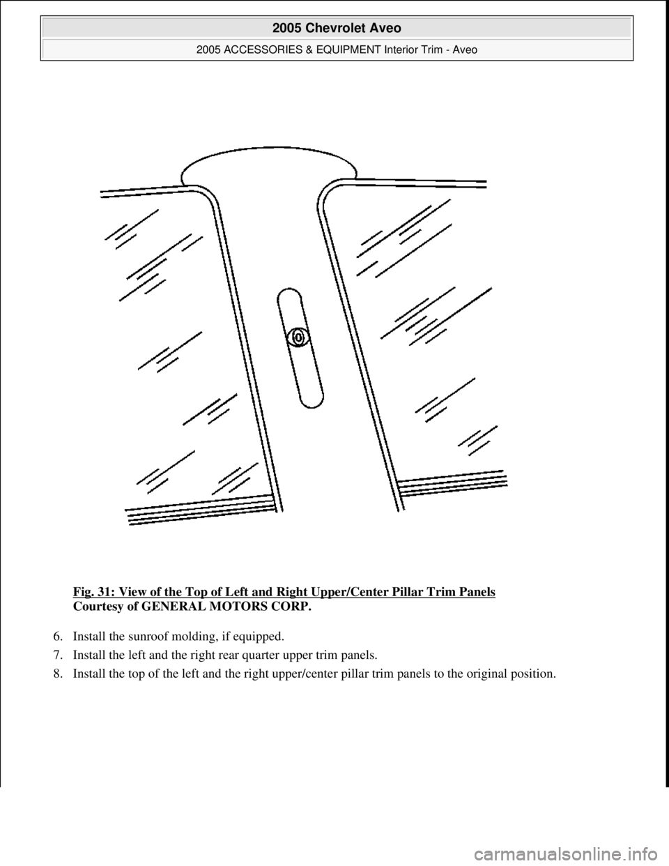 CHEVROLET AVEO 2002  Service Repair Manual Fig. 31: View of the Top of Left and Right Upper/Center Pillar Trim Panels 
Courtesy of GENERAL MOTORS CORP. 
6. Install the sunroof molding, if equipped.  
7. Install the left and the right rear quar
