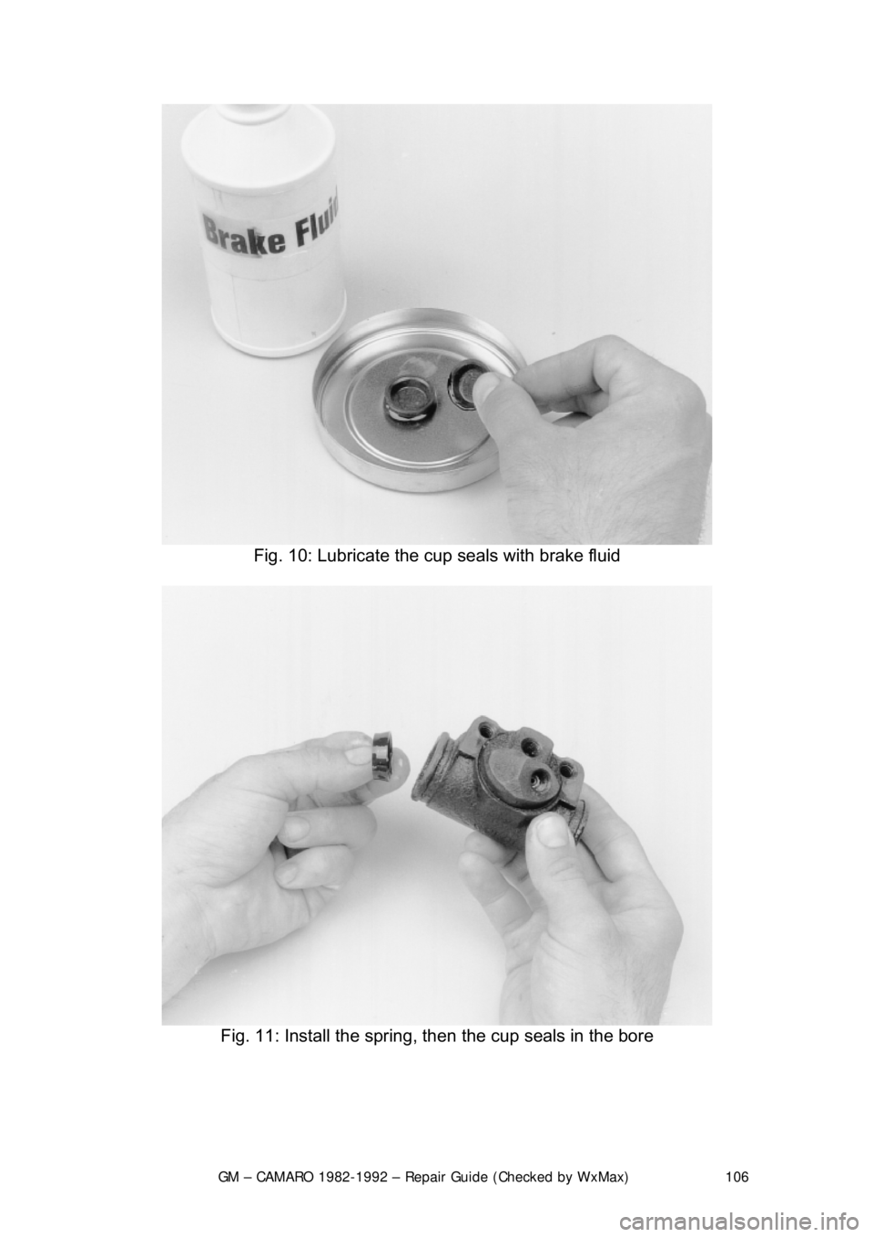 CHEVROLET CAMARO 1982  Repair Guide 
GM – CAMARO 1982-1992 – Repair Guide (Checked by WxMax) 106
 
Fig. 10: Lubricate the c up seals with brake fluid 
 
Fig. 11: Install the spring, then the cup seals in the bore 
  
