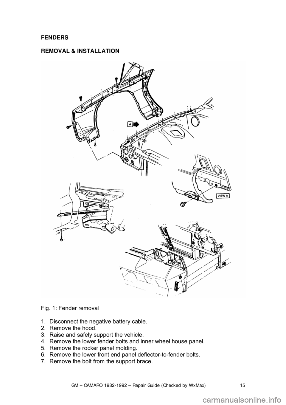 CHEVROLET CAMARO 1982  Repair Guide 
GM – CAMARO 1982-1992 – Repair Guide (Checked by WxMax) 15
FENDERS 
REMOVAL & INSTALLATION 
 
Fig. 1: Fender removal 
1.  Disconnect the negative battery cable.  
2.  Remove the hood.  
3.  Raise