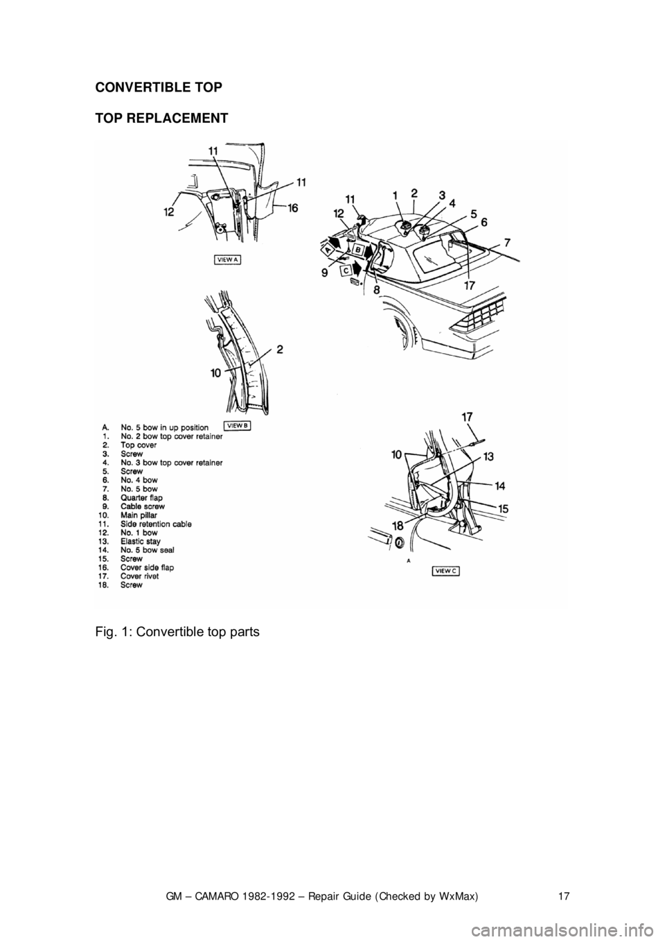 CHEVROLET CAMARO 1982 Repair Guide
GM – CAMARO 1982-1992 – Repair Guide (Checked by WxMax) 17
CONVERTIBLE TOP
TOP REPLACEMENT
Fig. 1: Convertible top parts
CHEVROLET CAMARO 1982 Repair Guide
GM – CAMARO 1982-1992 – Repair Guide (Checked by WxMax) 17
CONVERTIBLE TOP
TOP REPLACEMENT
Fig. 1: Convertible top parts