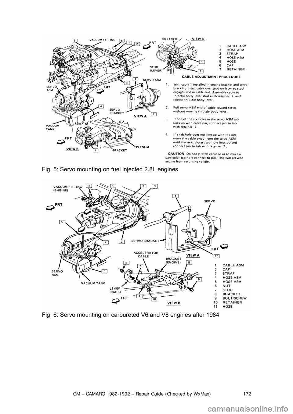 CHEVROLET CAMARO 1982  Repair Guide 
GM – CAMARO 1982-1992 – Repair Guide (Checked by WxMax) 172
 
Fig. 5: Servo mounting on fuel injected 2.8L engines  
 
Fig. 6: Servo mounting on carbur eted V6 and V8 engines after 1984  
  