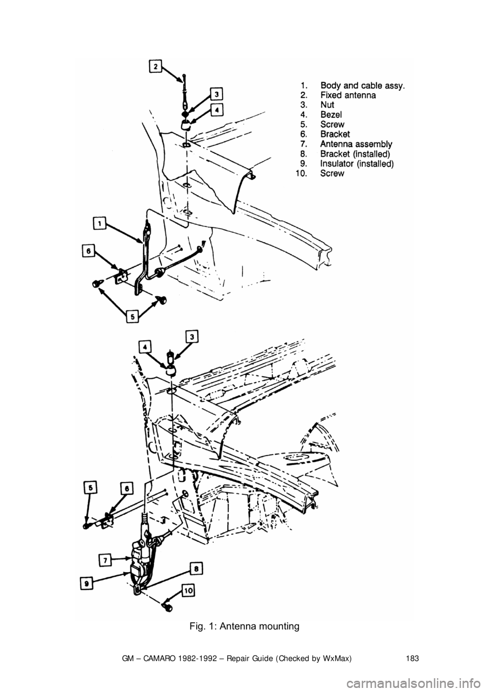 CHEVROLET CAMARO 1982  Repair Guide 
GM – CAMARO 1982-1992 – Repair Guide (Checked by WxMax) 183
 
Fig. 1: Antenna mounting  