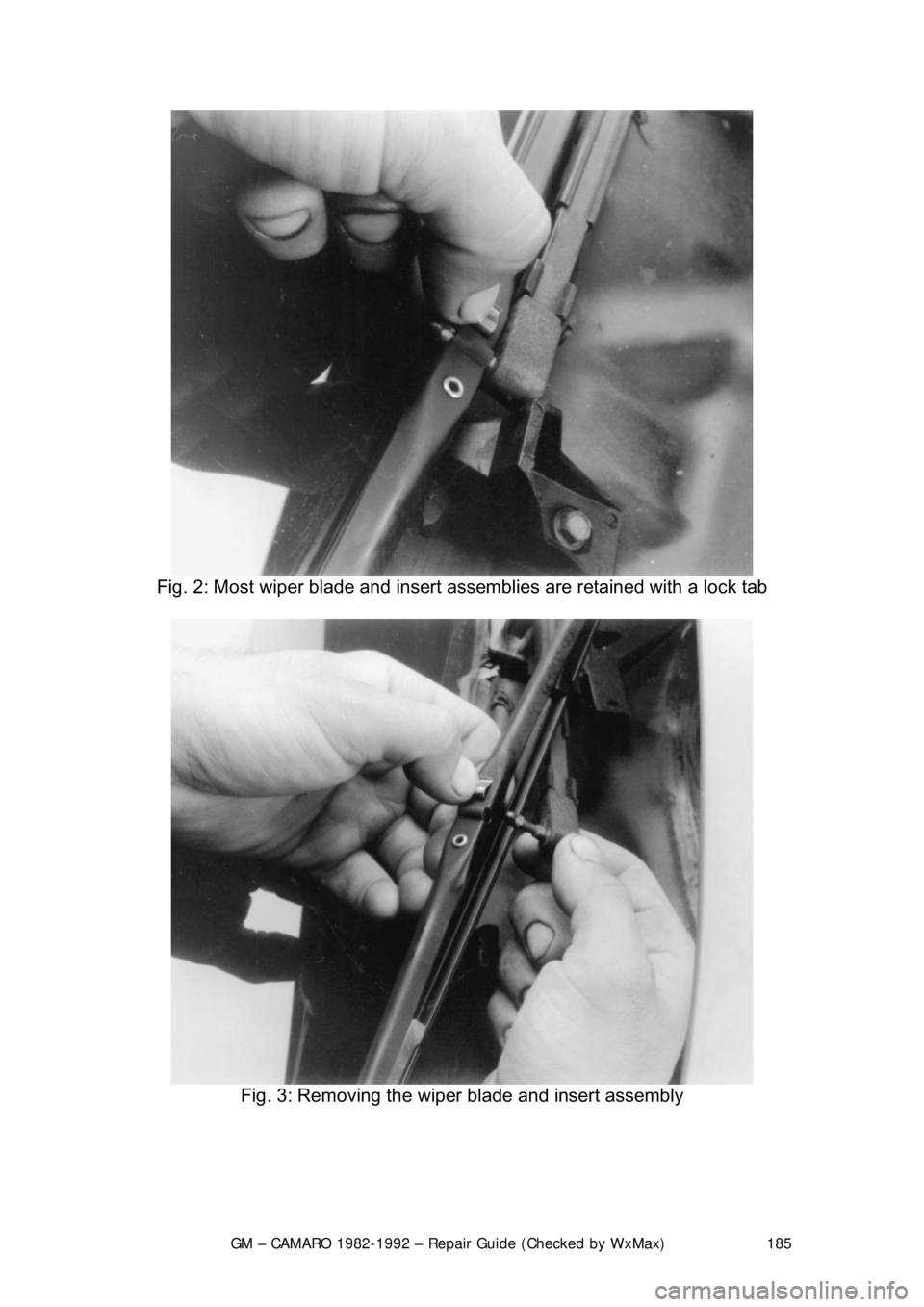 CHEVROLET CAMARO 1982  Repair Guide 
GM – CAMARO 1982-1992 – Repair Guide (Checked by WxMax) 185
 
Fig. 2: Most wiper blade and insert  assemblies are retained with a lock tab 
 
Fig. 3: Removing the wiper blade and insert assembly 