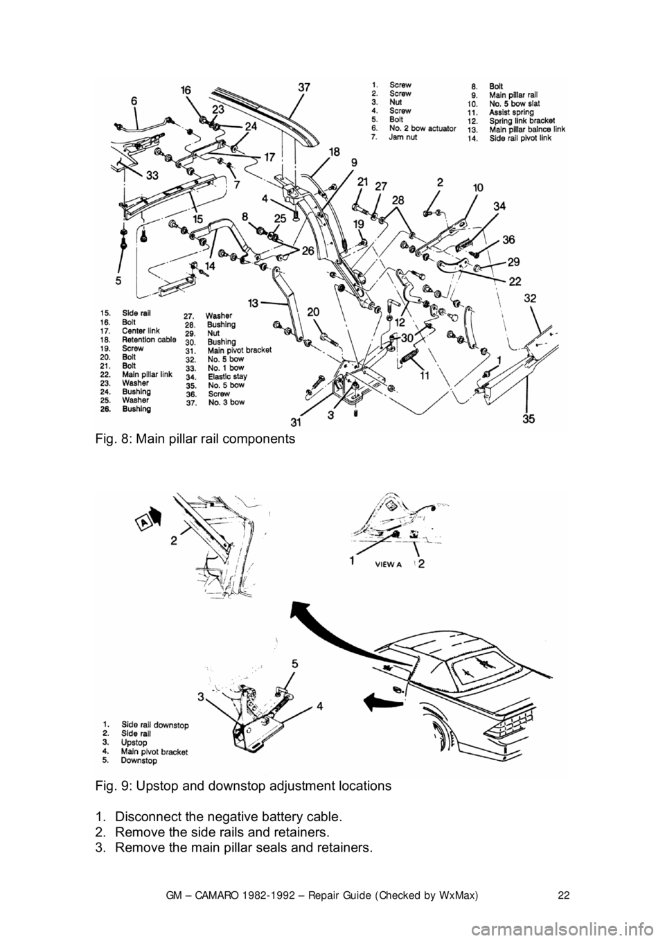 CHEVROLET CAMARO 1982 Repair Guide
GM – CAMARO 1982-1992 – Repair Guide (Checked by WxMax) 22
Fig. 8: Main pillar rail components
Fig. 9: Upstop and downst op adjustment locations
1. Disconnect the negative battery cabl CHEVROLET CAMARO 1982 Repair Guide
GM – CAMARO 1982-1992 – Repair Guide (Checked by WxMax) 22
Fig. 8: Main pillar rail components
Fig. 9: Upstop and downst op adjustment locations
1. Disconnect the negative battery cabl