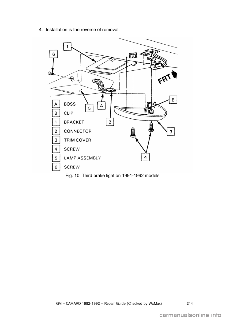 CHEVROLET CAMARO 1982  Repair Guide 
GM – CAMARO 1982-1992 – Repair Guide (Checked by WxMax) 214
4.  Installation is the reverse of removal.  
 
Fig. 10: Third brake  light on 1991-1992 models 
 
 
 
 
 
 
 
 
 
  