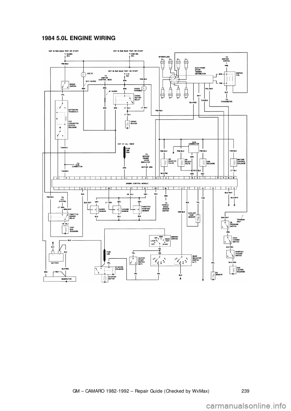 CHEVROLET CAMARO 1982 Repair Guide
GM – CAMARO 1982-1992 – Repair Guide (Checked by WxMax) 239
1984 5.0L ENGINE WIRING
CHEVROLET CAMARO 1982 Repair Guide
GM – CAMARO 1982-1992 – Repair Guide (Checked by WxMax) 239
1984 5.0L ENGINE WIRING