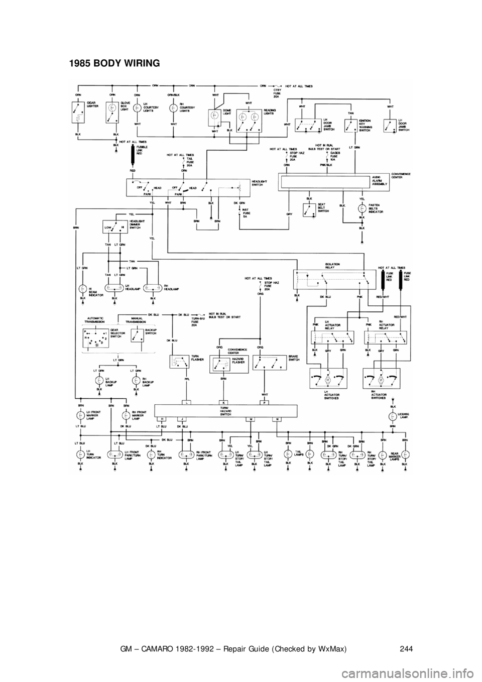 CHEVROLET CAMARO 1982 Repair Guide
GM – CAMARO 1982-1992 – Repair Guide (Checked by WxMax) 244
1985 BODY WIRING
CHEVROLET CAMARO 1982 Repair Guide
GM – CAMARO 1982-1992 – Repair Guide (Checked by WxMax) 244
1985 BODY WIRING