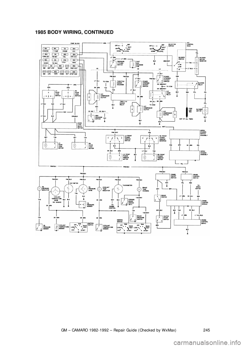 CHEVROLET CAMARO 1982 Repair Guide
GM – CAMARO 1982-1992 – Repair Guide (Checked by WxMax) 245
1985 BODY WIRING, CONTINUED
CHEVROLET CAMARO 1982 Repair Guide
GM – CAMARO 1982-1992 – Repair Guide (Checked by WxMax) 245
1985 BODY WIRING, CONTINUED