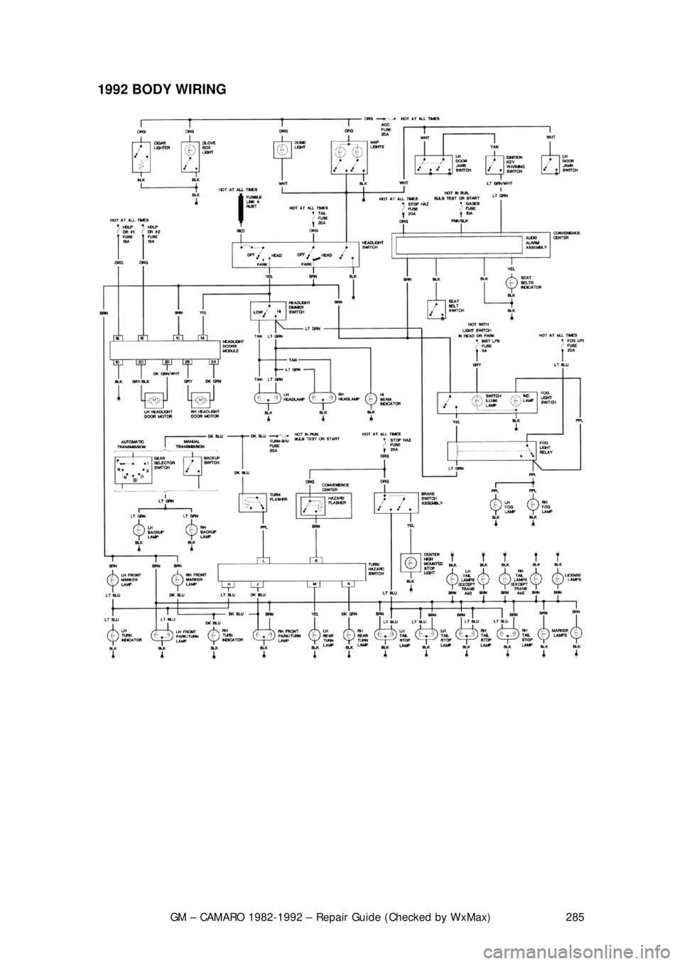 CHEVROLET CAMARO 1982  Repair Guide 
GM – CAMARO 1982-1992 – Repair Guide (Checked by WxMax) 285
1992 BODY WIRING  
 
 
 
 
 
 
  