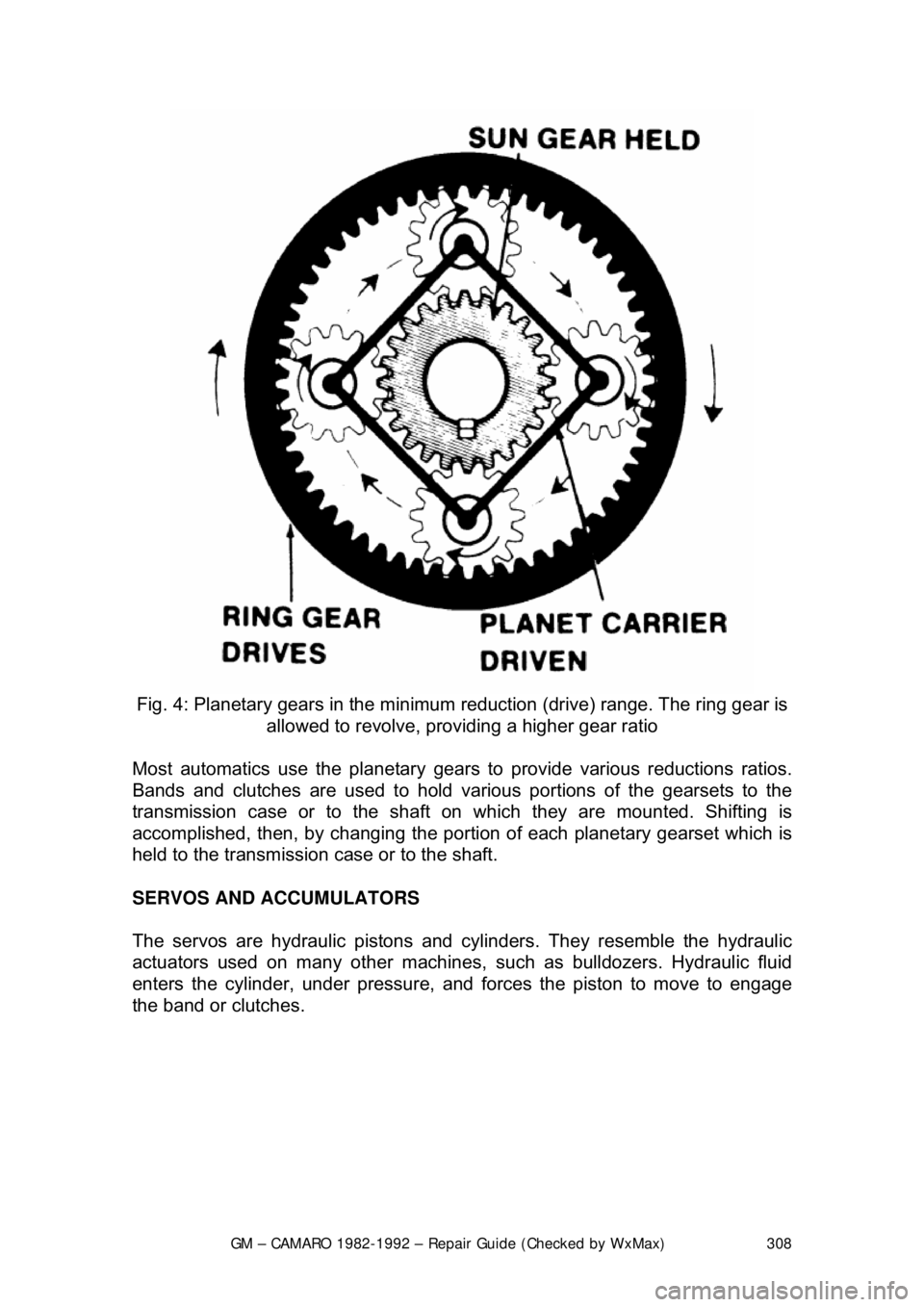 CHEVROLET CAMARO 1982 Repair Guide
GM – CAMARO 1982-1992 – Repair Guide (Checked by WxMax) 308
Fig. 4: Planetary gears in the minimum reduction (drive) range. The ring gear is
allowed to revolve, providing a higher gear ratio CHEVROLET CAMARO 1982 Repair Guide
GM – CAMARO 1982-1992 – Repair Guide (Checked by WxMax) 308
Fig. 4: Planetary gears in the minimum reduction (drive) range. The ring gear is
allowed to revolve, providing a higher gear ratio