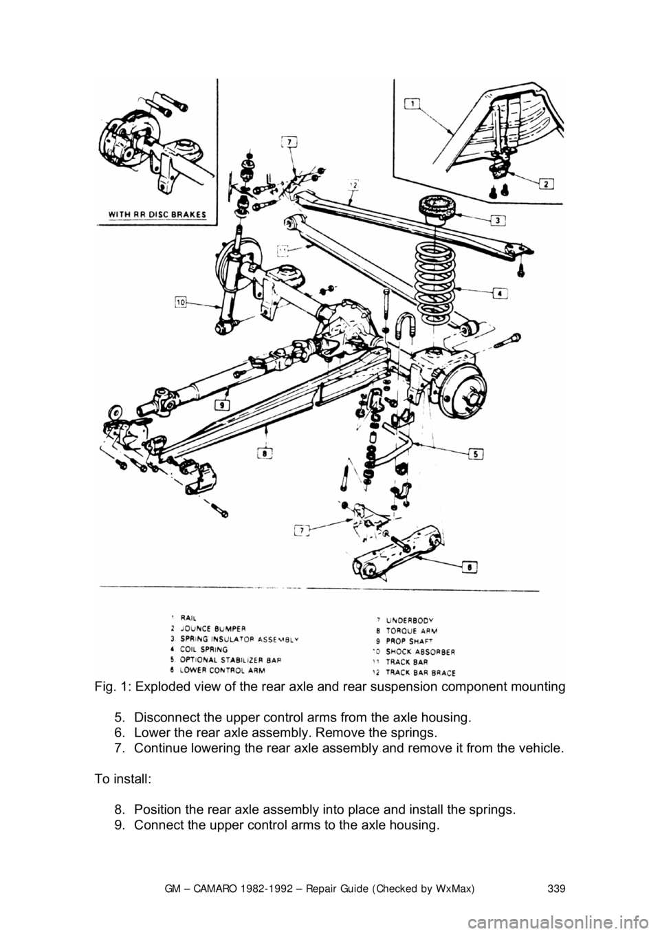 CHEVROLET CAMARO 1982 Repair Guide
GM – CAMARO 1982-1992 – Repair Guide (Checked by WxMax) 339
Fig. 1: Exploded view of the rear axle and rear suspension component mounting
5. Disconnect the upper control ar ms from the axle CHEVROLET CAMARO 1982 Repair Guide
GM – CAMARO 1982-1992 – Repair Guide (Checked by WxMax) 339
Fig. 1: Exploded view of the rear axle and rear suspension component mounting
5. Disconnect the upper control ar ms from the axle