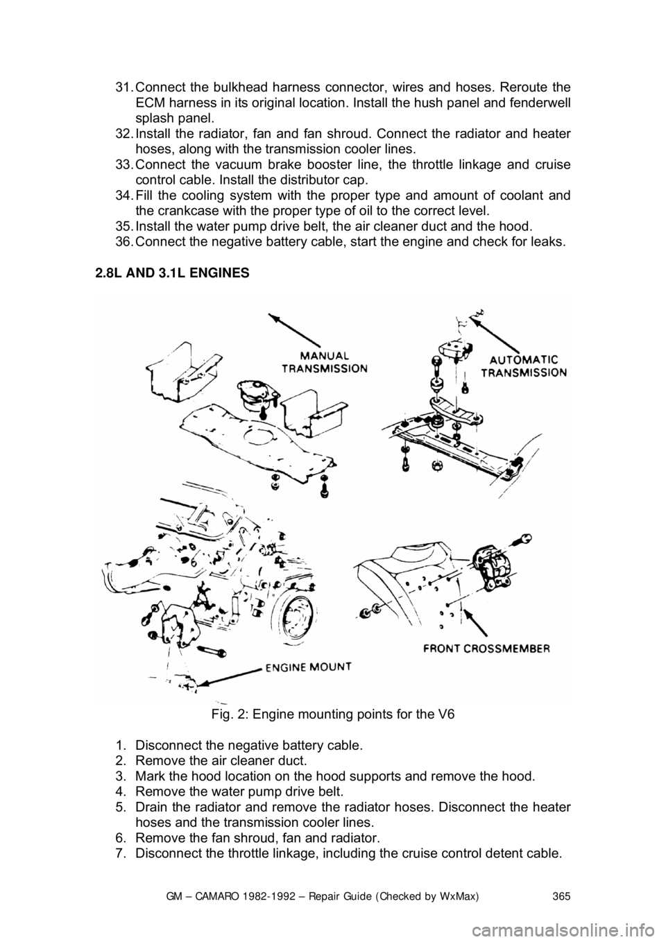 CHEVROLET CAMARO 1982  Repair Guide 
GM – CAMARO 1982-1992 – Repair Guide (Checked by WxMax) 365
31. Connect the bulkhead harness connec
tor, wires and hoses. Reroute the 
ECM harness in its original location.  Install the hush pane