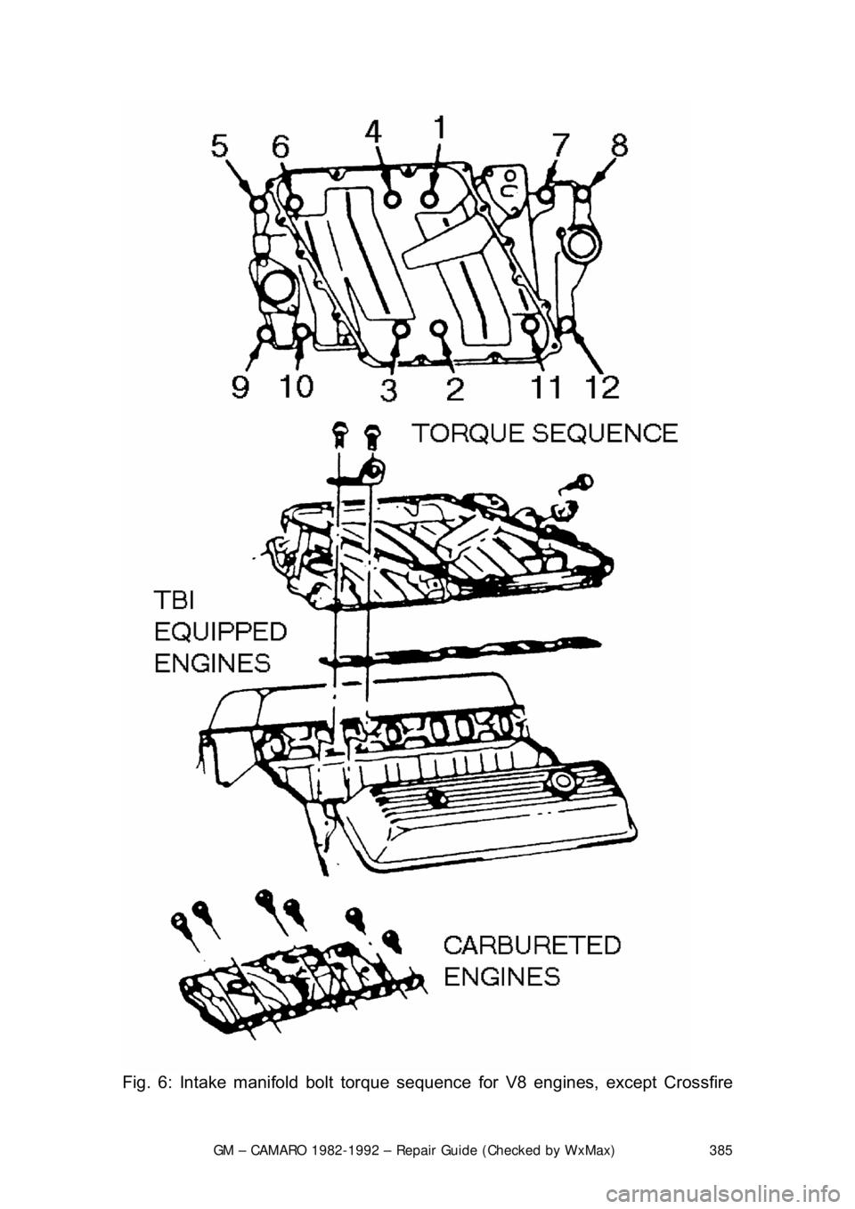CHEVROLET CAMARO 1982 Repair Guide
GM – CAMARO 1982-1992 – Repair Guide (Checked by WxMax) 385
Fig. 6: Intake manifold bolt torque sequ ence for V8 engines, except Crossfire CHEVROLET CAMARO 1982 Repair Guide
GM – CAMARO 1982-1992 – Repair Guide (Checked by WxMax) 385
Fig. 6: Intake manifold bolt torque sequ ence for V8 engines, except Crossfire