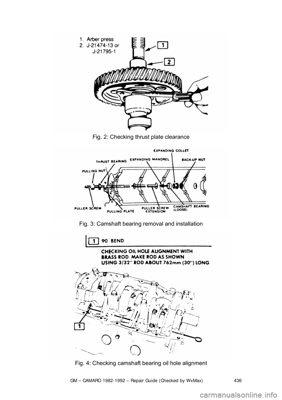CHEVROLET CAMARO 1982  Repair Guide 
GM – CAMARO 1982-1992 – Repair Guide (Checked by WxMax) 436
 
Fig. 2: Checking thrust plate clearance 
 
Fig. 3: Camshaft bearing removal and installation 
 
Fig. 4: Checking camshaft bearing oil