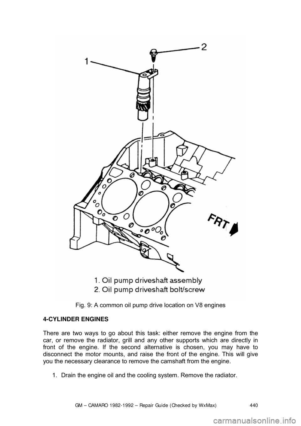 CHEVROLET CAMARO 1982  Repair Guide 
GM – CAMARO 1982-1992 – Repair Guide (Checked by WxMax) 440
 
Fig. 9: A common oil pump drive location on V8 engines 
4-CYLINDER ENGINES  
There are two ways to go about this task:  either remove