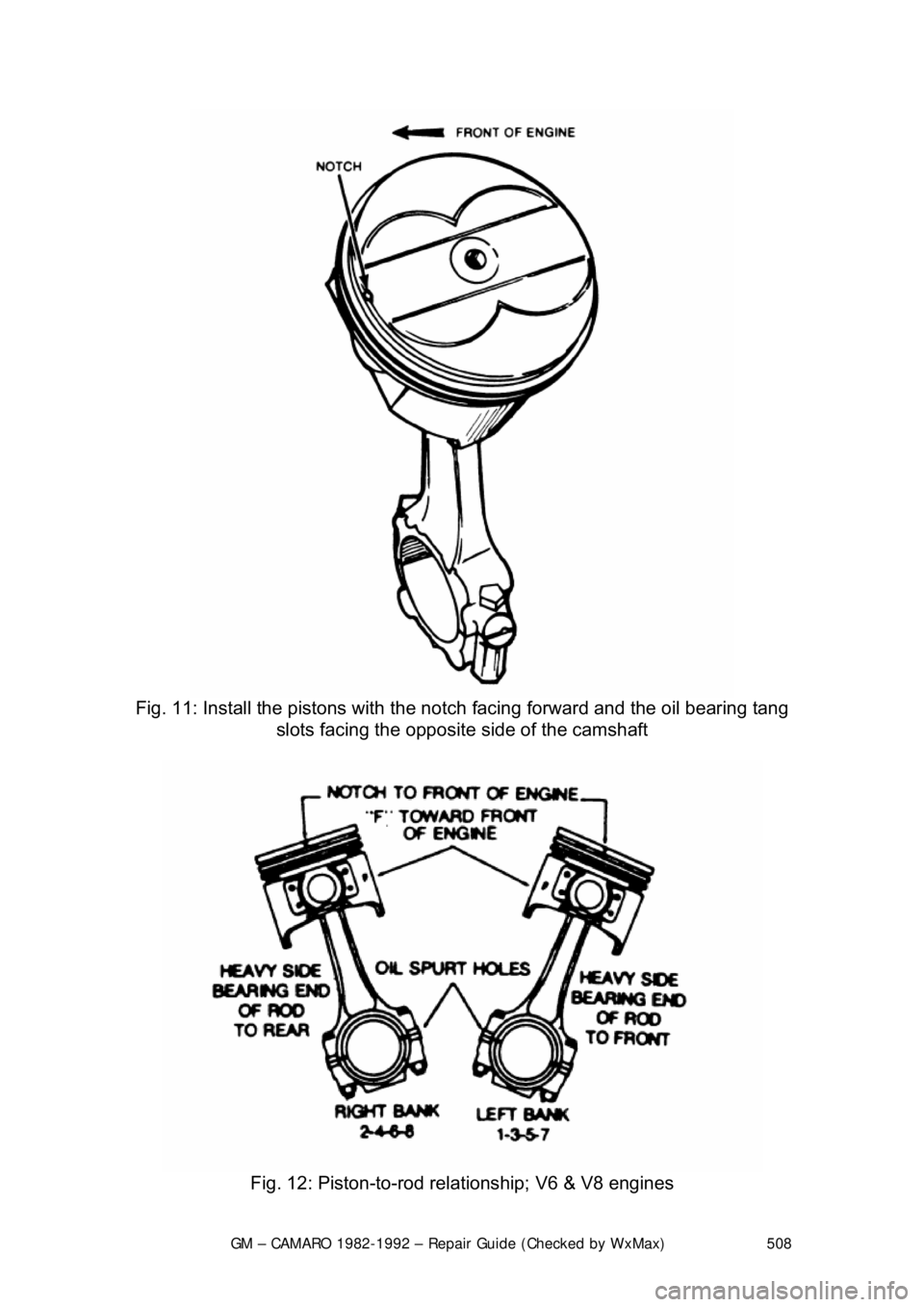 CHEVROLET CAMARO 1982 Repair Guide
GM – CAMARO 1982-1992 – Repair Guide (Checked by WxMax) 508
Fig. 11: Install the pistons with the notch facing forward and the oil bearing tang
slots facing the opposite side of the camshaft CHEVROLET CAMARO 1982 Repair Guide
GM – CAMARO 1982-1992 – Repair Guide (Checked by WxMax) 508
Fig. 11: Install the pistons with the notch facing forward and the oil bearing tang
slots facing the opposite side of the camshaft