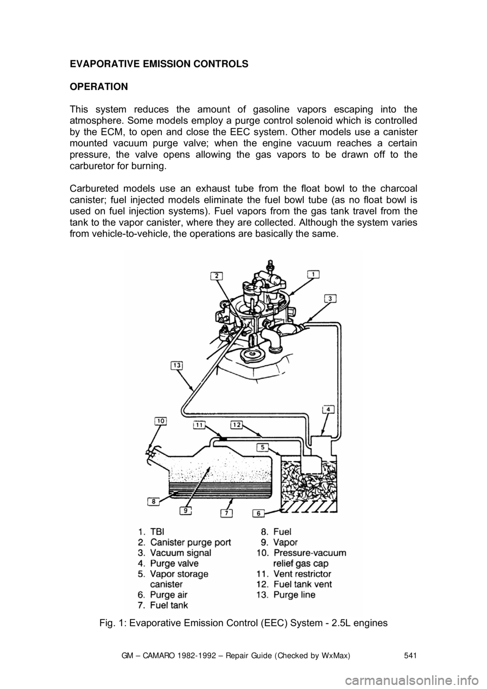 CHEVROLET CAMARO 1982 Repair Guide
GM – CAMARO 1982-1992 – Repair Guide (Checked by WxMax) 541
EVAPORATIVE EMISS
ION CONTROLS
OPERATION
This system reduces the amount of gasoline vapors escaping into the
atmosphere. Some mode CHEVROLET CAMARO 1982 Repair Guide
GM – CAMARO 1982-1992 – Repair Guide (Checked by WxMax) 541
EVAPORATIVE EMISS
ION CONTROLS
OPERATION
This system reduces the amount of gasoline vapors escaping into the
atmosphere. Some mode