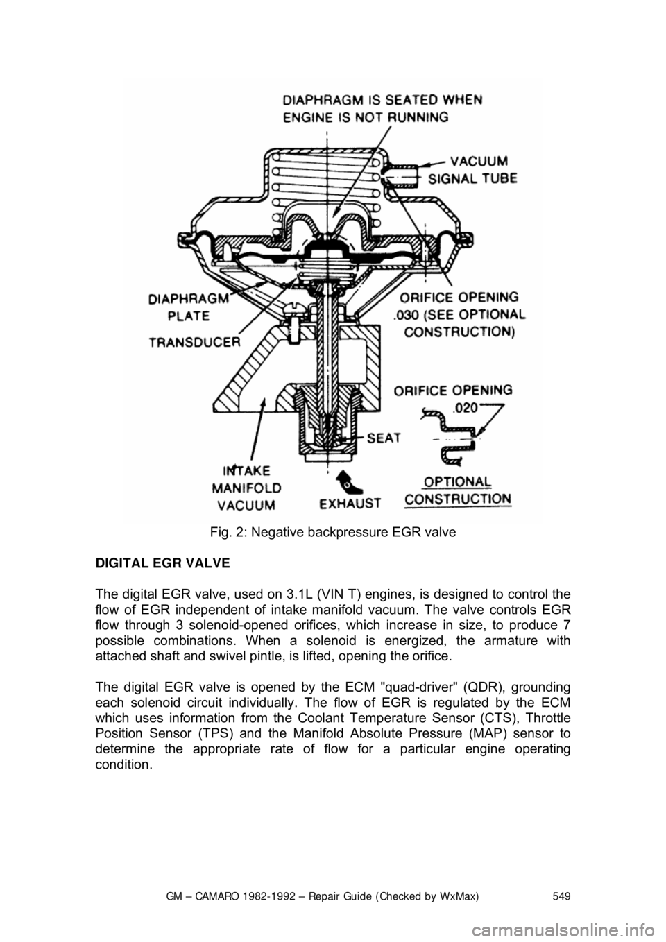 CHEVROLET CAMARO 1982 Repair Guide
GM – CAMARO 1982-1992 – Repair Guide (Checked by WxMax) 549
Fig. 2: Negative backpressure EGR valve
DIGITAL EGR VALVE
The digital EGR valve, used on 3.1L (VIN T) engines, is designed to con CHEVROLET CAMARO 1982 Repair Guide
GM – CAMARO 1982-1992 – Repair Guide (Checked by WxMax) 549
Fig. 2: Negative backpressure EGR valve
DIGITAL EGR VALVE
The digital EGR valve, used on 3.1L (VIN T) engines, is designed to con
