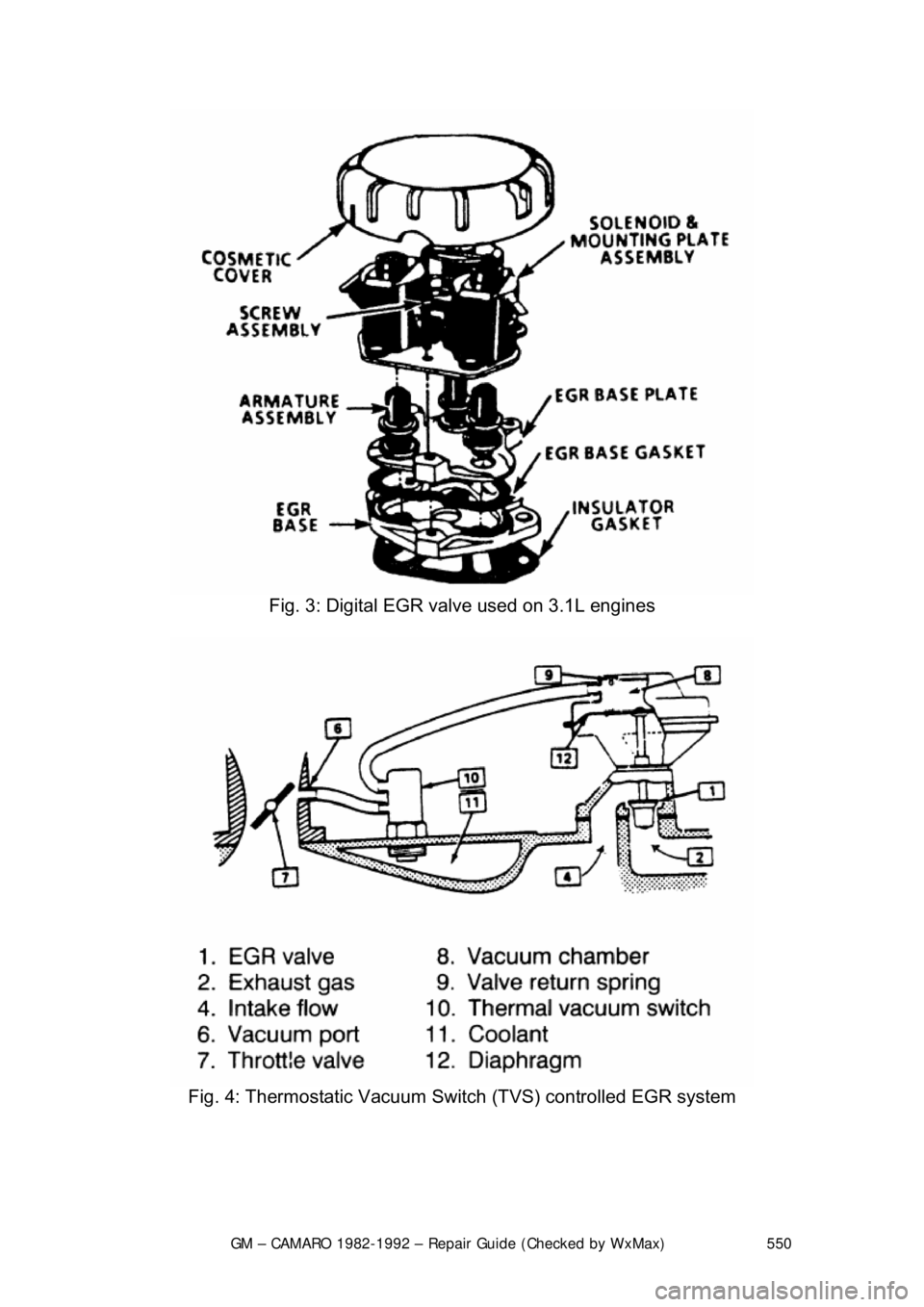 CHEVROLET CAMARO 1982 Repair Guide
GM – CAMARO 1982-1992 – Repair Guide (Checked by WxMax) 550
Fig. 3: Digital EGR valve used on 3.1L engines
Fig. 4: Thermostatic Vacuum Sw itch (TVS) controlled EGR system
CHEVROLET CAMARO 1982 Repair Guide
GM – CAMARO 1982-1992 – Repair Guide (Checked by WxMax) 550
Fig. 3: Digital EGR valve used on 3.1L engines
Fig. 4: Thermostatic Vacuum Sw itch (TVS) controlled EGR system