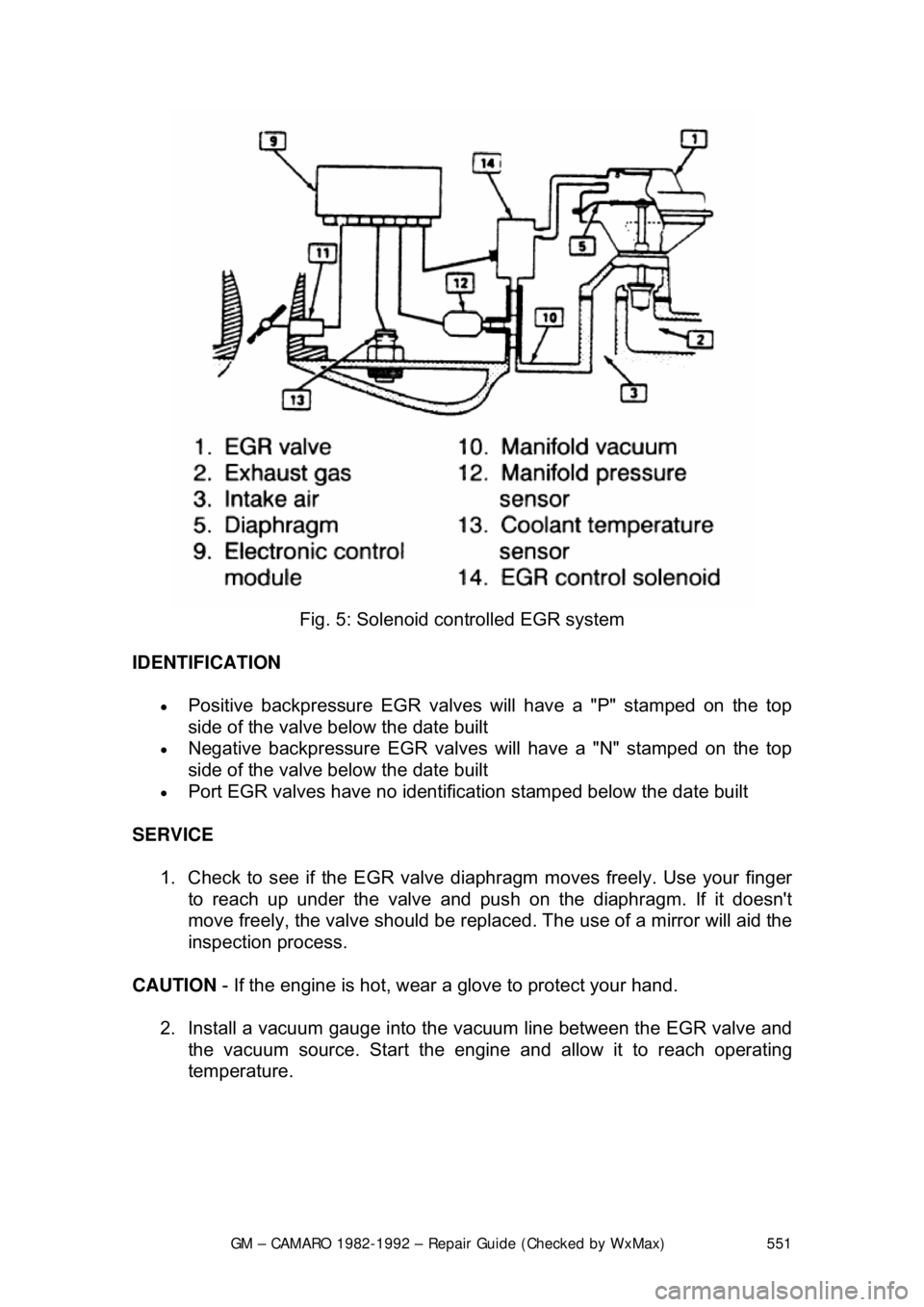 CHEVROLET CAMARO 1982  Repair Guide 
GM – CAMARO 1982-1992 – Repair Guide (Checked by WxMax) 551
 
Fig. 5: Solenoid c ontrolled EGR system 
IDENTIFICATION  
•  Positive backpressure EGR valves will have a "P" stamped on the top 
s