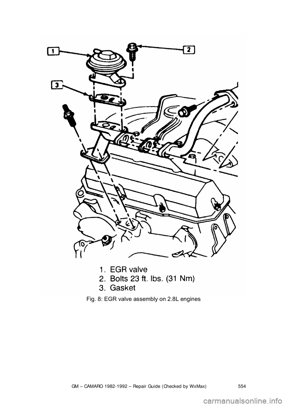 CHEVROLET CAMARO 1982  Repair Guide 
GM – CAMARO 1982-1992 – Repair Guide (Checked by WxMax) 554
 
Fig. 8: EGR valve assembly on 2.8L engines 
  