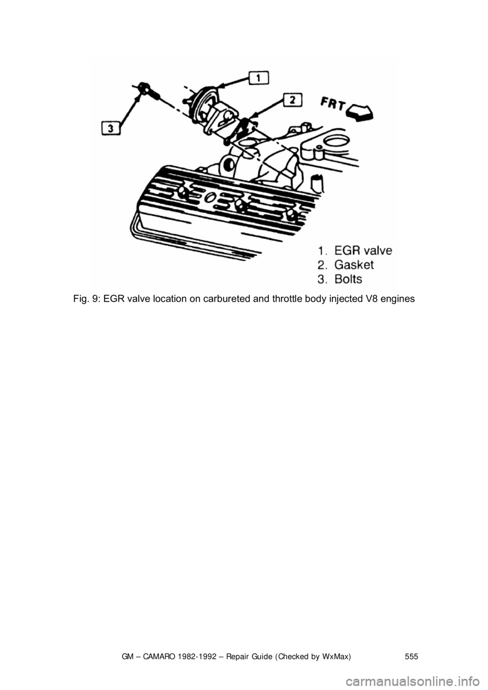 CHEVROLET CAMARO 1982  Repair Guide 
GM – CAMARO 1982-1992 – Repair Guide (Checked by WxMax) 555
 
Fig. 9: EGR valve location on carburet ed and throttle body injected V8 engines 
  