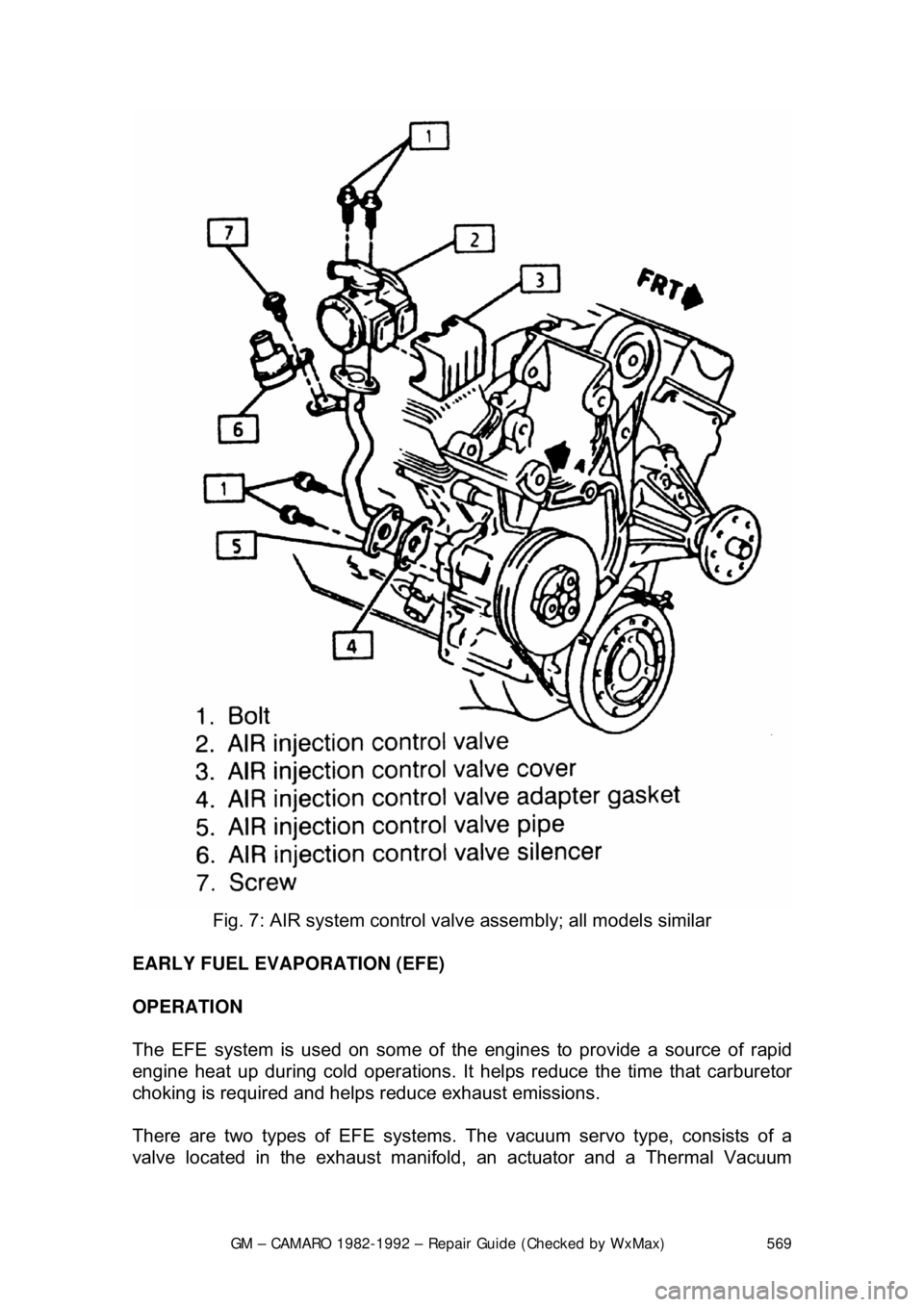 CHEVROLET CAMARO 1982 Repair Guide
GM – CAMARO 1982-1992 – Repair Guide (Checked by WxMax) 569
Fig. 7: AIR system control valv e assembly; all models similar
EARLY FUEL EVAPORATION (EFE)
OPERATION
The EFE system is used on s CHEVROLET CAMARO 1982 Repair Guide
GM – CAMARO 1982-1992 – Repair Guide (Checked by WxMax) 569
Fig. 7: AIR system control valv e assembly; all models similar
EARLY FUEL EVAPORATION (EFE)
OPERATION
The EFE system is used on s