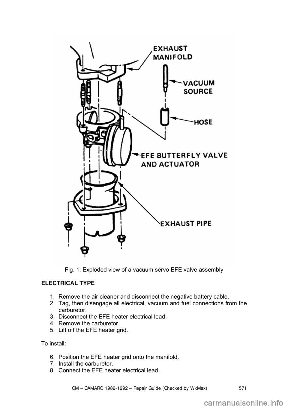 CHEVROLET CAMARO 1982 Repair Guide
GM – CAMARO 1982-1992 – Repair Guide (Checked by WxMax) 571
Fig. 1: Exploded view of a vacuum servo EFE valve assembly
ELECTRICAL TYPE 1. Remove the air cleaner and disconnect the negative CHEVROLET CAMARO 1982 Repair Guide
GM – CAMARO 1982-1992 – Repair Guide (Checked by WxMax) 571
Fig. 1: Exploded view of a vacuum servo EFE valve assembly
ELECTRICAL TYPE 1. Remove the air cleaner and disconnect the negative