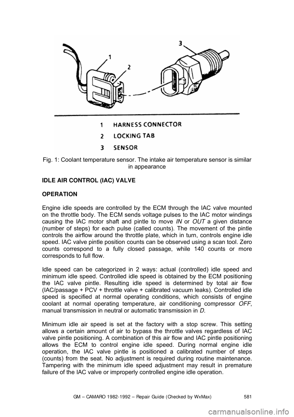 CHEVROLET CAMARO 1982 Repair Guide
GM – CAMARO 1982-1992 – Repair Guide (Checked by WxMax) 581
Fig. 1: Coolant temperature sensor. The in take air temperature sensor is similar
in appearance
IDLE AIR CONTROL (IAC) VALVE
OPERA CHEVROLET CAMARO 1982 Repair Guide
GM – CAMARO 1982-1992 – Repair Guide (Checked by WxMax) 581
Fig. 1: Coolant temperature sensor. The in take air temperature sensor is similar
in appearance
IDLE AIR CONTROL (IAC) VALVE
OPERA