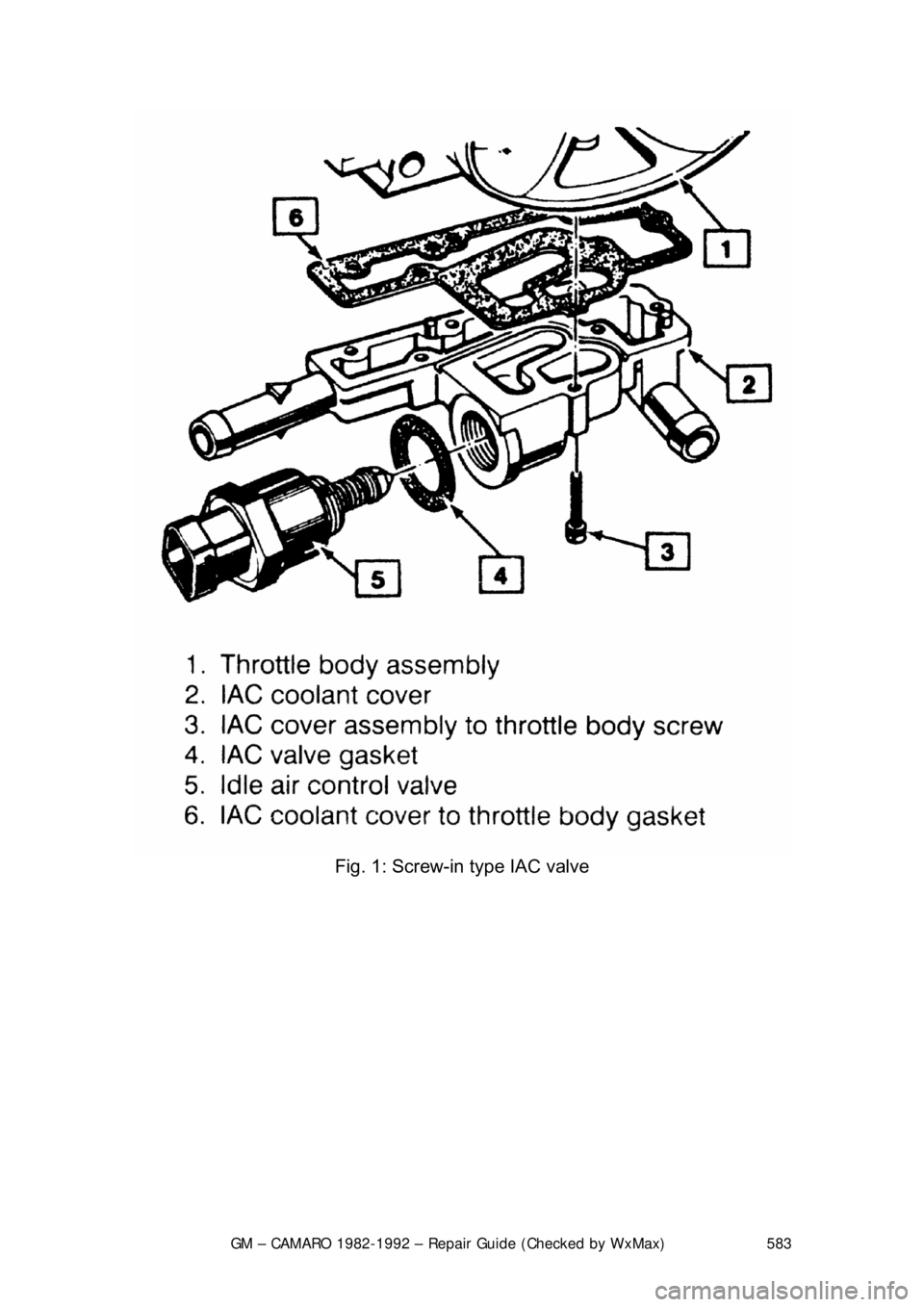 CHEVROLET CAMARO 1982 Repair Guide
GM – CAMARO 1982-1992 – Repair Guide (Checked by WxMax) 583
Fig. 1: Screw-in type IAC valve
CHEVROLET CAMARO 1982 Repair Guide
GM – CAMARO 1982-1992 – Repair Guide (Checked by WxMax) 583
Fig. 1: Screw-in type IAC valve