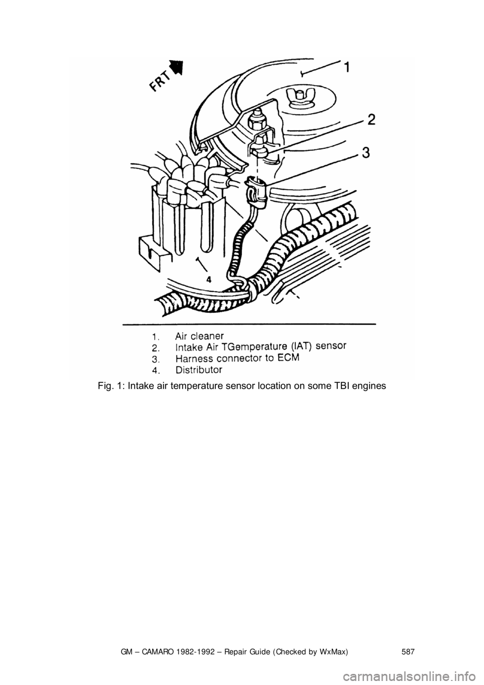 CHEVROLET CAMARO 1982 Repair Guide
GM – CAMARO 1982-1992 – Repair Guide (Checked by WxMax) 587
Fig. 1: Intake air te mperature sensor location on some TBI engines
CHEVROLET CAMARO 1982 Repair Guide
GM – CAMARO 1982-1992 – Repair Guide (Checked by WxMax) 587
Fig. 1: Intake air te mperature sensor location on some TBI engines