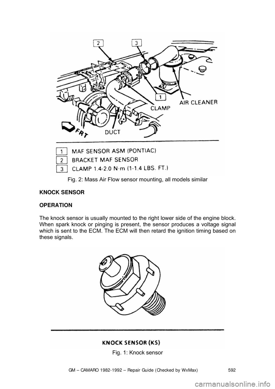 CHEVROLET CAMARO 1982  Repair Guide 
GM – CAMARO 1982-1992 – Repair Guide (Checked by WxMax) 592
 
Fig. 2: Mass Air Flow sensor  mounting, all models similar 
KNOCK SENSOR 
OPERATION  
The knock sensor is usually mounted to  the rig