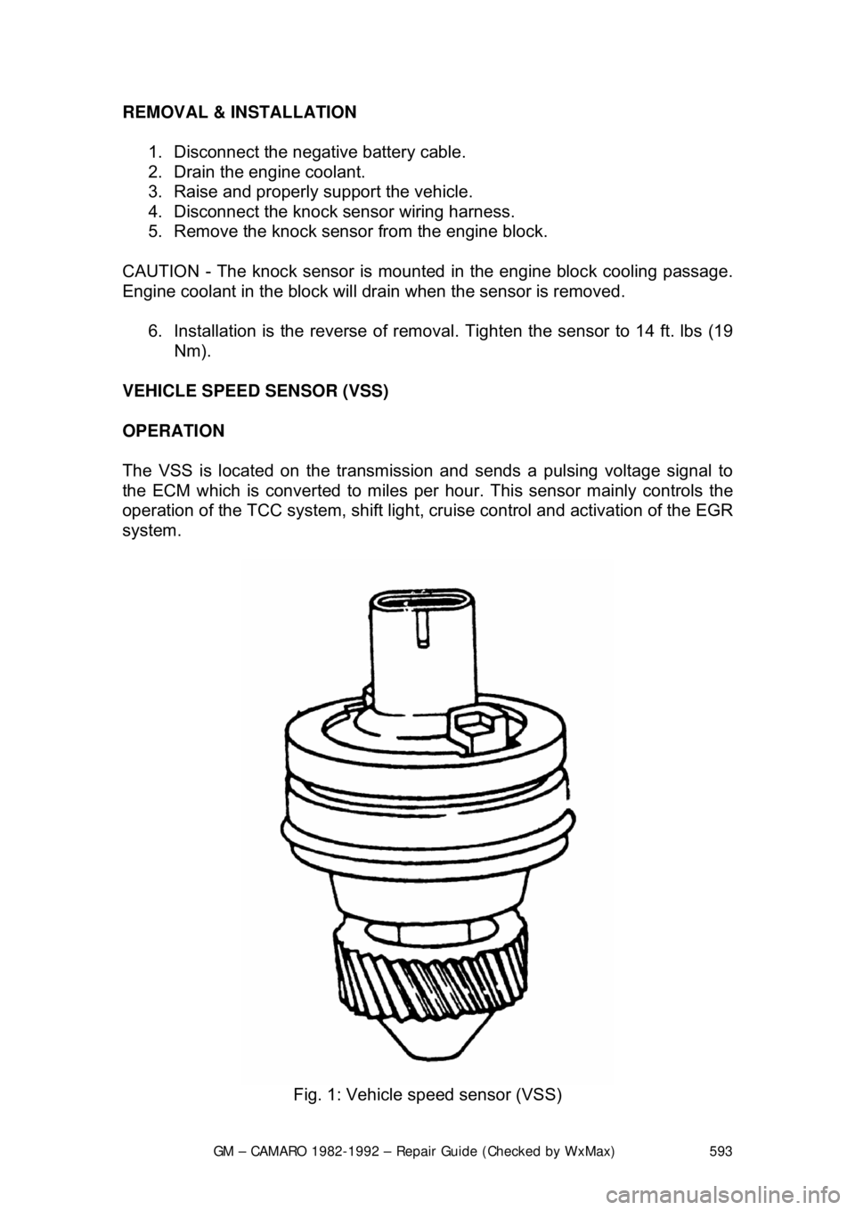 CHEVROLET CAMARO 1982  Repair Guide 
GM – CAMARO 1982-1992 – Repair Guide (Checked by WxMax) 593
REMOVAL & INSTALLATION  
1.  Disconnect the negative battery cable.  
2.  Drain the engine coolant.  
3.  Raise and properly  support t