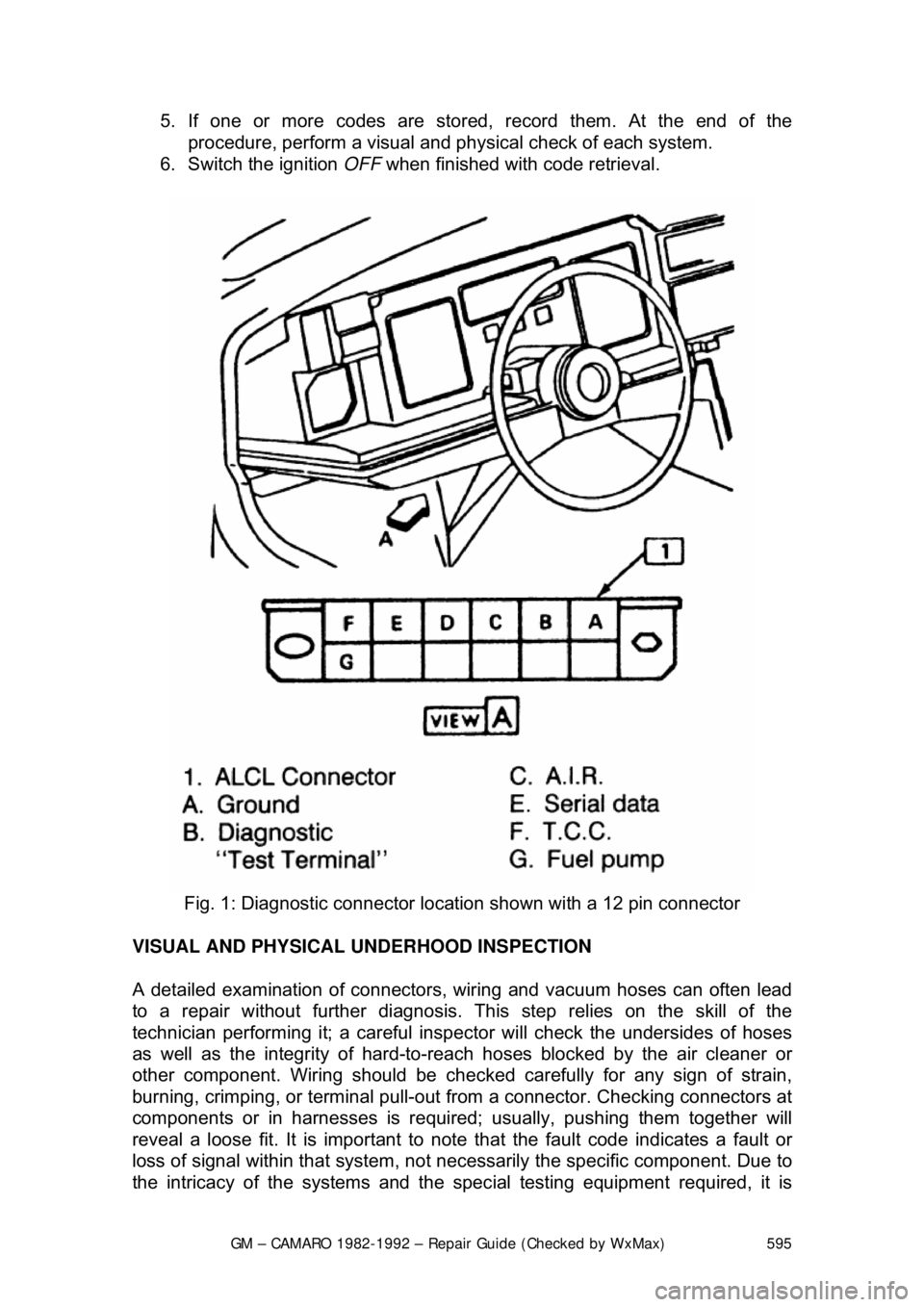 CHEVROLET CAMARO 1982 Repair Guide
GM – CAMARO 1982-1992 – Repair Guide (Checked by WxMax) 595
5. If one or more codes are stored,
record them. At the end of the
procedure, perform a visual and physical check of each system.
CHEVROLET CAMARO 1982 Repair Guide
GM – CAMARO 1982-1992 – Repair Guide (Checked by WxMax) 595
5. If one or more codes are stored,
record them. At the end of the
procedure, perform a visual and physical check of each system.