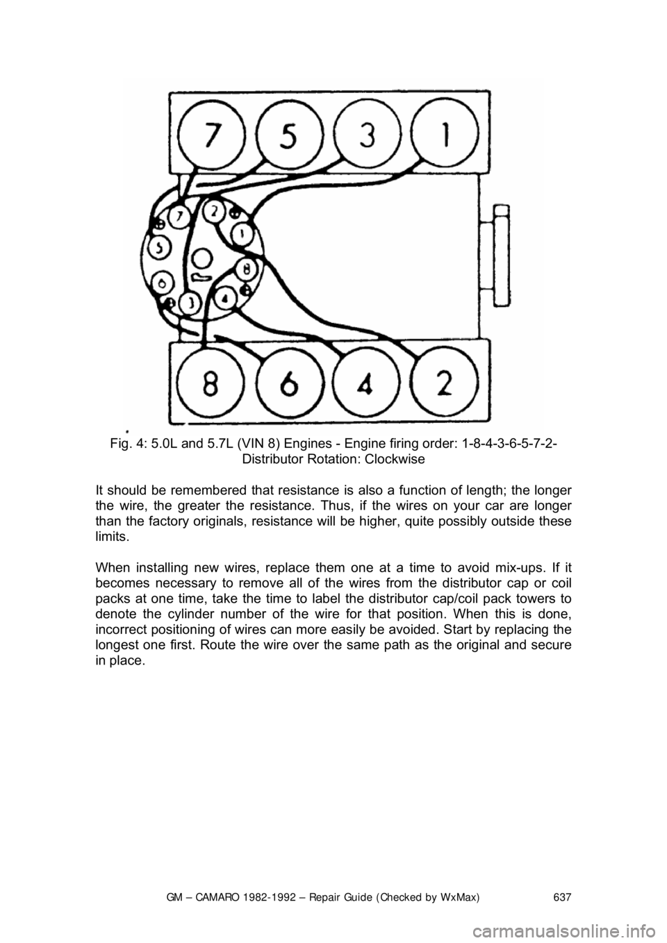 CHEVROLET CAMARO 1982 Repair Guide
GM – CAMARO 1982-1992 – Repair Guide (Checked by WxMax) 637
Fig. 4: 5.0L and 5.7L (VIN 8) Engines - Engine firing order: 1-8-4-3-6-5-7-2-
Distributor Rotation: Clockwise
It should be remembe CHEVROLET CAMARO 1982 Repair Guide
GM – CAMARO 1982-1992 – Repair Guide (Checked by WxMax) 637
Fig. 4: 5.0L and 5.7L (VIN 8) Engines - Engine firing order: 1-8-4-3-6-5-7-2-
Distributor Rotation: Clockwise
It should be remembe
