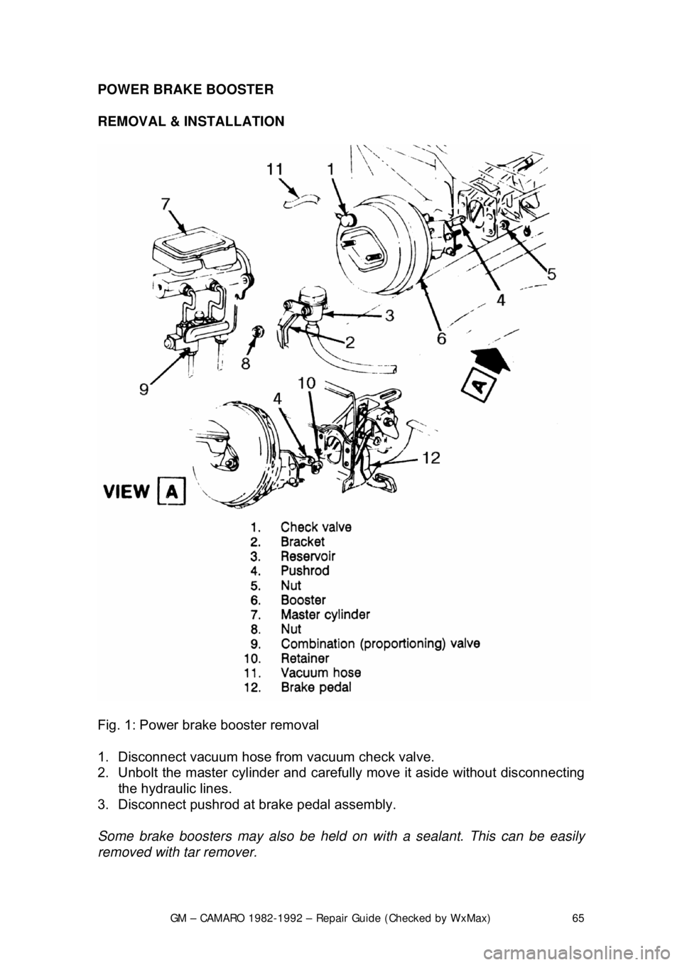 CHEVROLET CAMARO 1982  Repair Guide 
GM – CAMARO 1982-1992 – Repair Guide (Checked by WxMax) 65
POWER BRAKE BOOSTER 
REMOVAL & INSTALLATION  
 
Fig. 1: Power brake booster removal  
1.  Disconnect vacuum hose from vacuum check valve