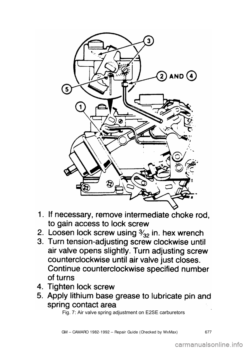 CHEVROLET CAMARO 1982  Repair Guide 
GM – CAMARO 1982-1992 – Repair Guide (Checked by WxMax) 677
 
Fig. 7: Air valve spring adj ustment on E2SE carburetors  