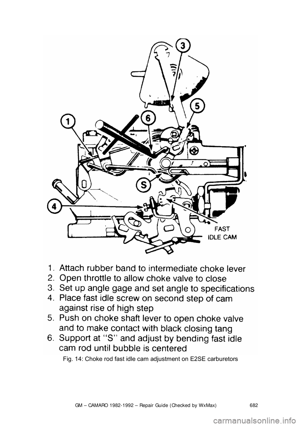 CHEVROLET CAMARO 1982 Repair Guide
GM – CAMARO 1982-1992 – Repair Guide (Checked by WxMax) 682
Fig. 14: Choke rod fast idle cam adjustment on E2SE carburetors
CHEVROLET CAMARO 1982 Repair Guide
GM – CAMARO 1982-1992 – Repair Guide (Checked by WxMax) 682
Fig. 14: Choke rod fast idle cam adjustment on E2SE carburetors