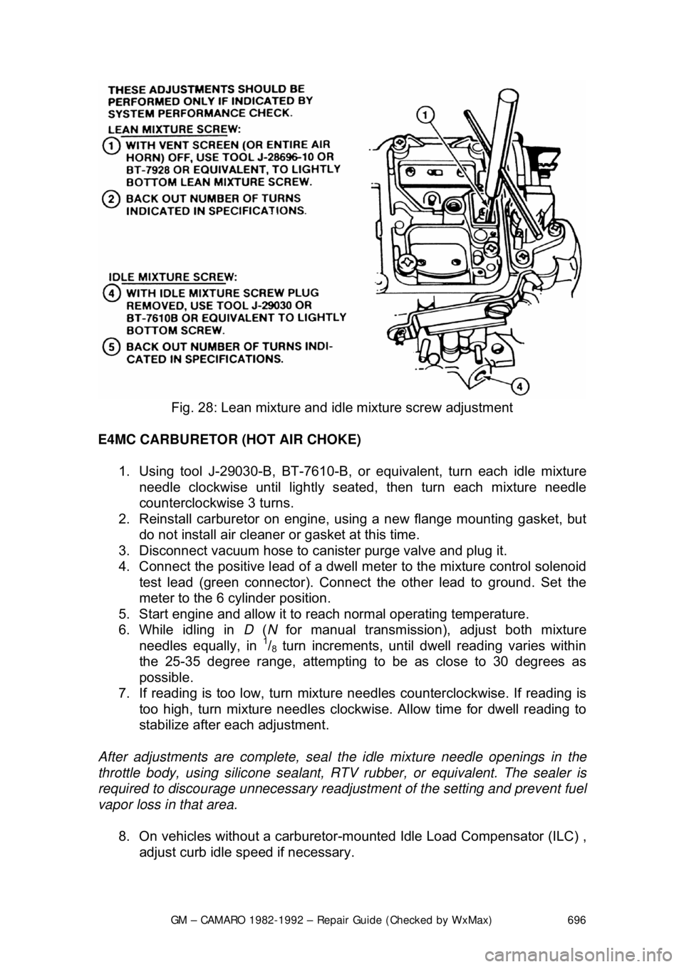CHEVROLET CAMARO 1982 Repair Guide
GM – CAMARO 1982-1992 – Repair Guide (Checked by WxMax) 696
Fig. 28: Lean mixture and idle mixture screw adjustment
E4MC CARBURETOR (HOT AIR CHOKE) 1. Using tool J-29030-B, BT-7610-B, or e CHEVROLET CAMARO 1982 Repair Guide
GM – CAMARO 1982-1992 – Repair Guide (Checked by WxMax) 696
Fig. 28: Lean mixture and idle mixture screw adjustment
E4MC CARBURETOR (HOT AIR CHOKE) 1. Using tool J-29030-B, BT-7610-B, or e