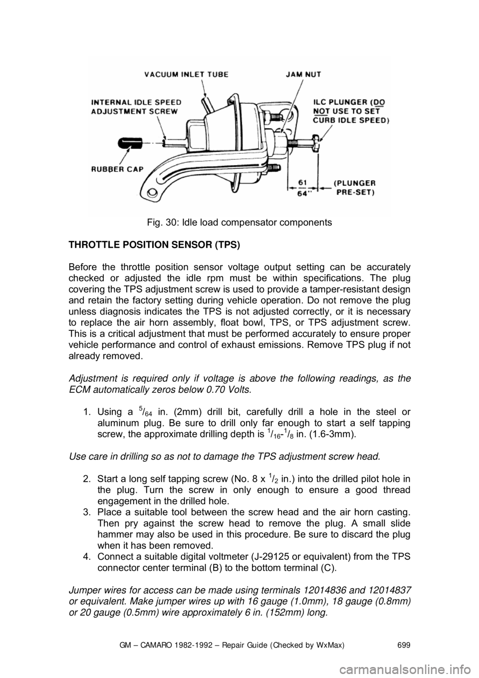 CHEVROLET CAMARO 1982 Repair Guide
GM – CAMARO 1982-1992 – Repair Guide (Checked by WxMax) 699
Fig. 30: Idle load compensator components
THROTTLE POSITION SENSOR (TPS)
Before the throttle position sensor voltage output settin CHEVROLET CAMARO 1982 Repair Guide
GM – CAMARO 1982-1992 – Repair Guide (Checked by WxMax) 699
Fig. 30: Idle load compensator components
THROTTLE POSITION SENSOR (TPS)
Before the throttle position sensor voltage output settin