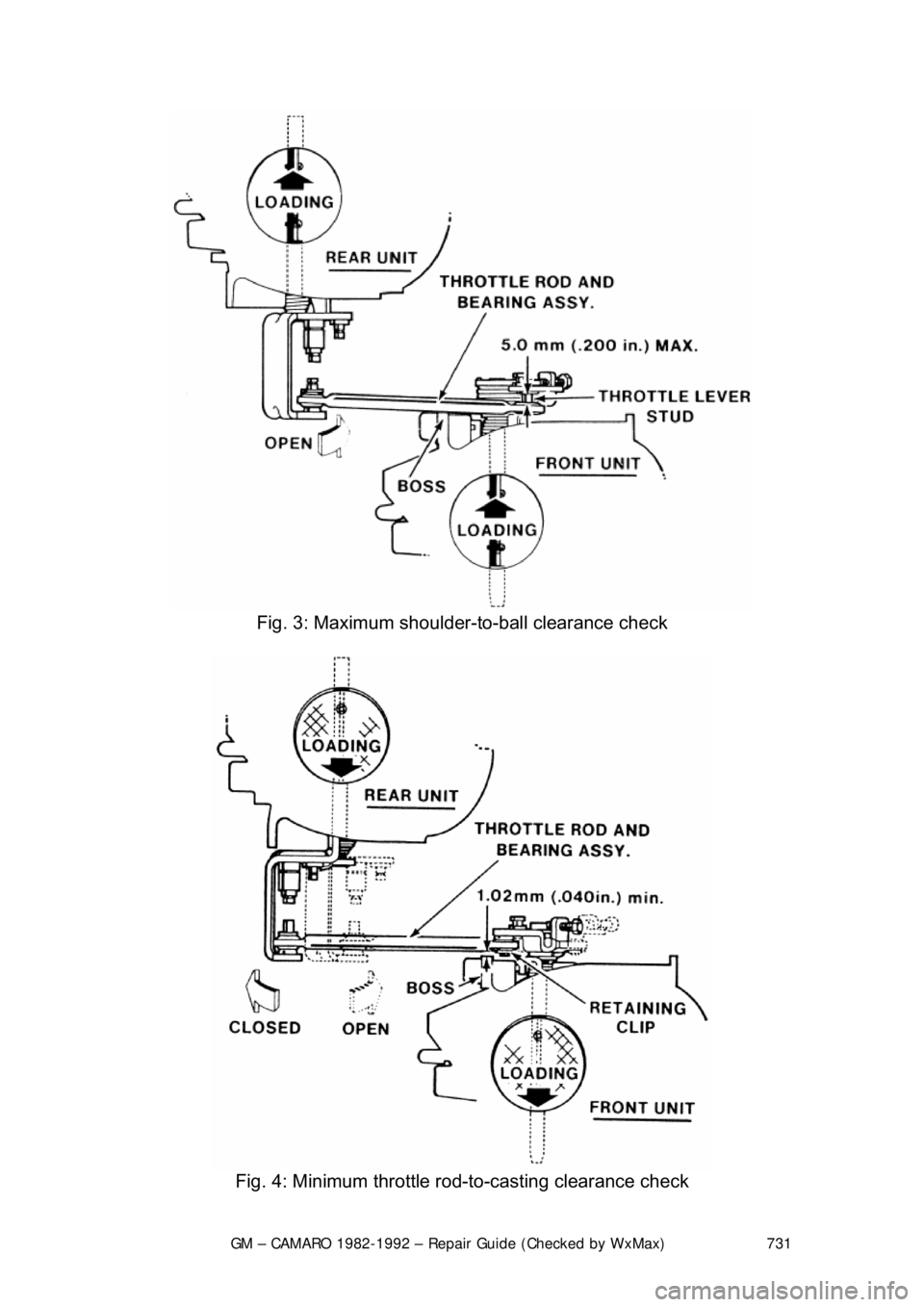 CHEVROLET CAMARO 1982 Repair Guide
GM – CAMARO 1982-1992 – Repair Guide (Checked by WxMax) 731
Fig. 3: Maximum shoulder-to-ball clearance check
Fig. 4: Minimum throttle r od-to-casting clearance check CHEVROLET CAMARO 1982 Repair Guide
GM – CAMARO 1982-1992 – Repair Guide (Checked by WxMax) 731
Fig. 3: Maximum shoulder-to-ball clearance check
Fig. 4: Minimum throttle r od-to-casting clearance check