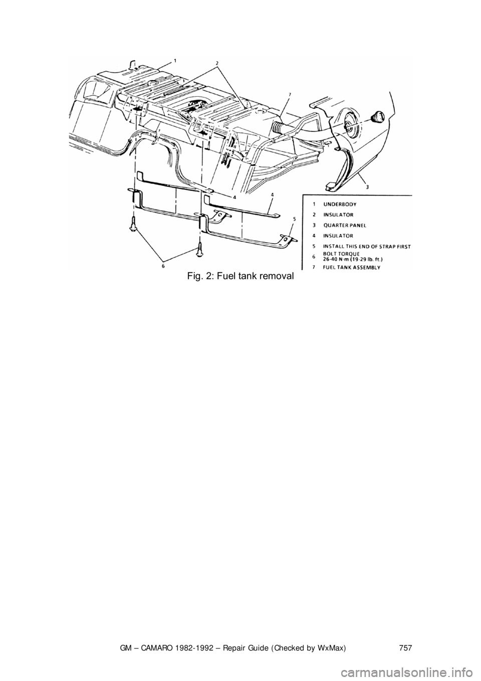 CHEVROLET CAMARO 1982 Repair Guide
GM – CAMARO 1982-1992 – Repair Guide (Checked by WxMax) 757
Fig. 2: Fuel tank removal
CHEVROLET CAMARO 1982 Repair Guide
GM – CAMARO 1982-1992 – Repair Guide (Checked by WxMax) 757
Fig. 2: Fuel tank removal