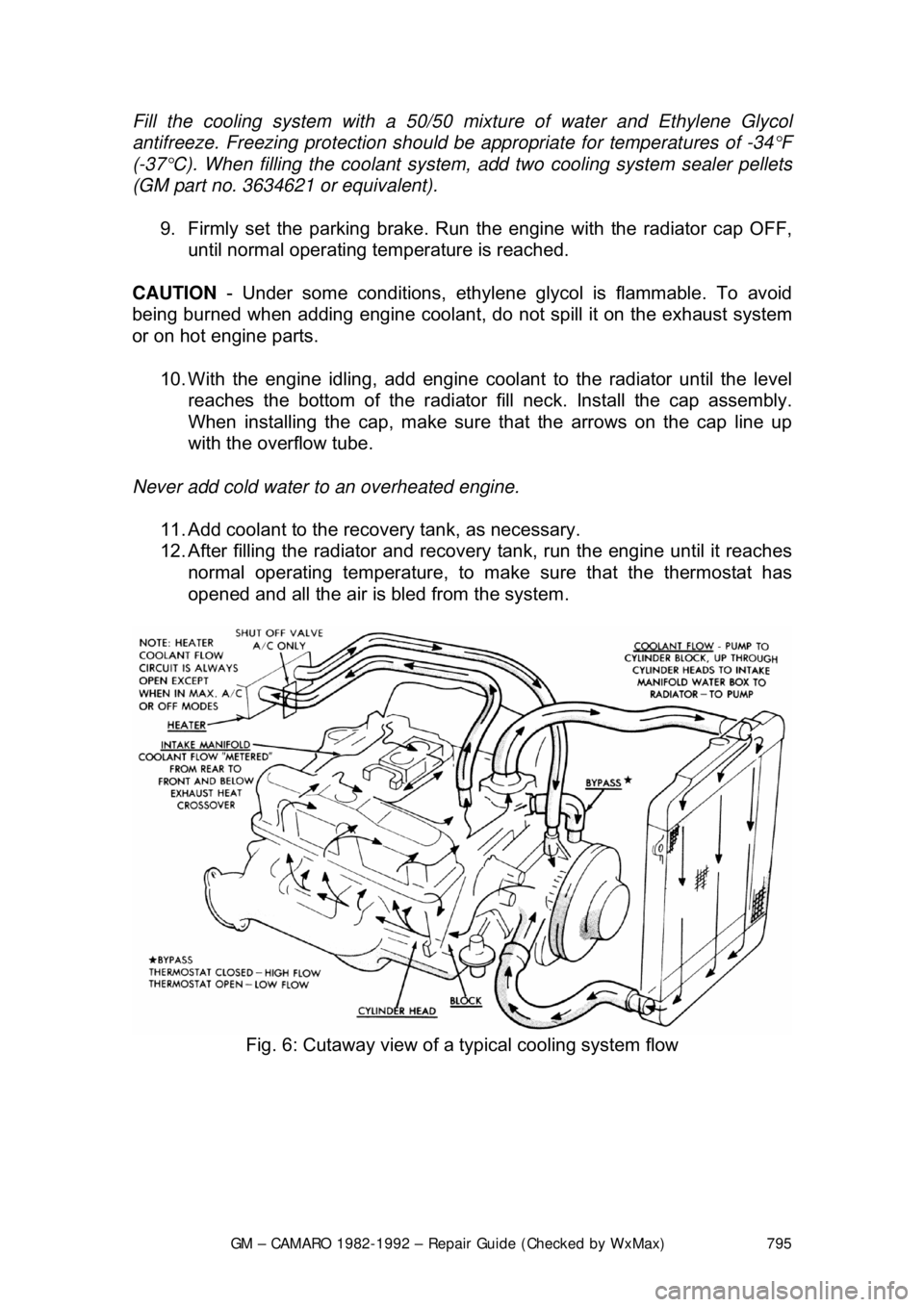 CHEVROLET CAMARO 1982 Repair Guide
GM – CAMARO 1982-1992 – Repair Guide (Checked by WxMax) 795
Fill the cooling system wit
h a 50/50 mixture of water and Ethylene Glycol
antifreeze. Freezing protection should be appropriate for CHEVROLET CAMARO 1982 Repair Guide
GM – CAMARO 1982-1992 – Repair Guide (Checked by WxMax) 795
Fill the cooling system wit
h a 50/50 mixture of water and Ethylene Glycol
antifreeze. Freezing protection should be appropriate for