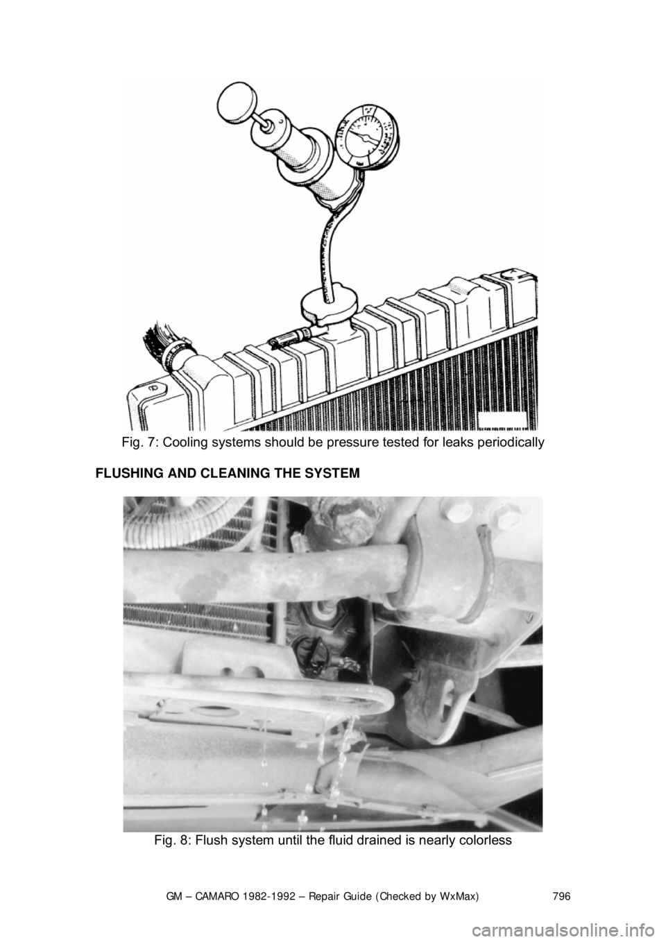 CHEVROLET CAMARO 1982 Repair Guide
GM – CAMARO 1982-1992 – Repair Guide (Checked by WxMax) 796
Fig. 7: Cooling systems should be pr essure tested for leaks periodically
FLUSHING AND CLEANING THE SYSTEM
Fig. 8: Flush system CHEVROLET CAMARO 1982 Repair Guide
GM – CAMARO 1982-1992 – Repair Guide (Checked by WxMax) 796
Fig. 7: Cooling systems should be pr essure tested for leaks periodically
FLUSHING AND CLEANING THE SYSTEM
Fig. 8: Flush system