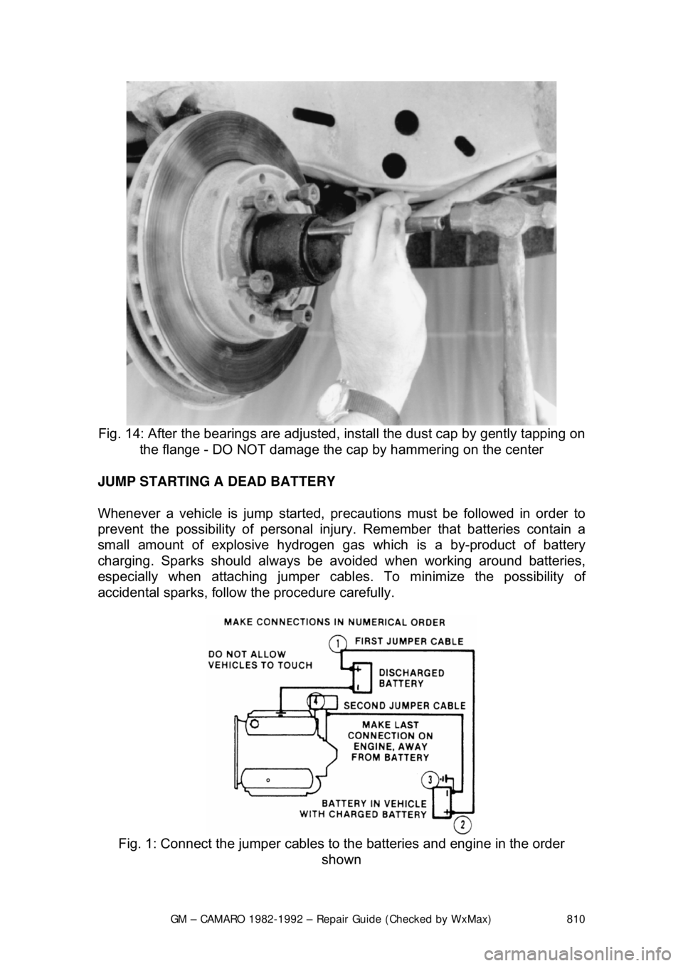 CHEVROLET CAMARO 1982  Repair Guide 
GM – CAMARO 1982-1992 – Repair Guide (Checked by WxMax) 810
 
Fig. 14: After the bearings are adjusted,  install the dust cap by gently tapping on 
the flange - DO NOT damage the c ap by hammerin