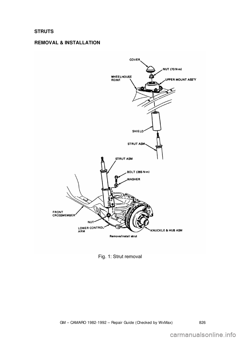 CHEVROLET CAMARO 1982 Repair Guide
GM – CAMARO 1982-1992 – Repair Guide (Checked by WxMax) 826
STRUTS
REMOVAL & INSTALLATION
Fig. 1: Strut removal
CHEVROLET CAMARO 1982 Repair Guide
GM – CAMARO 1982-1992 – Repair Guide (Checked by WxMax) 826
STRUTS
REMOVAL & INSTALLATION
Fig. 1: Strut removal