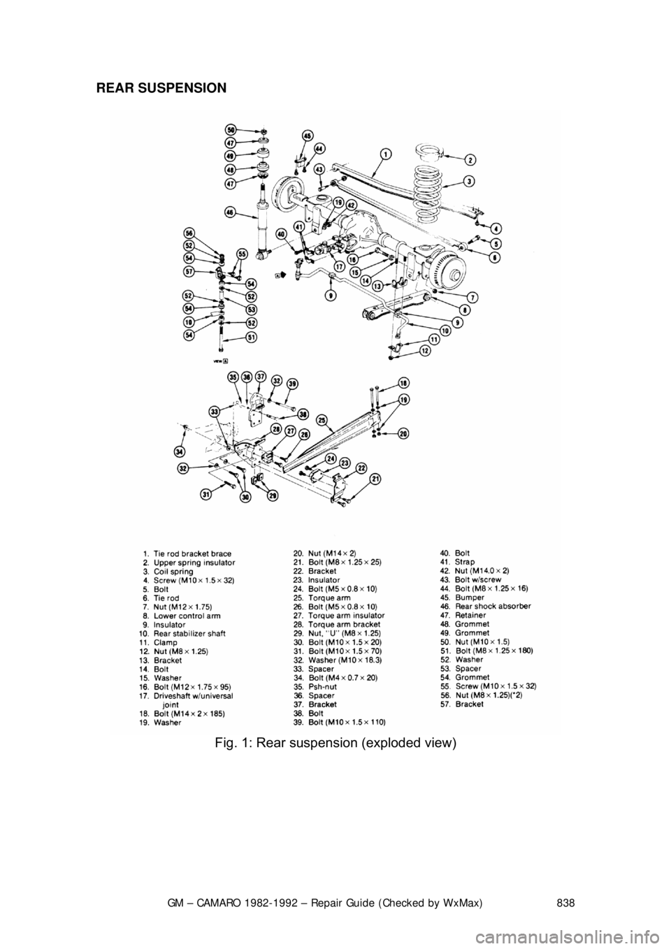 CHEVROLET CAMARO 1982 Repair Guide
GM – CAMARO 1982-1992 – Repair Guide (Checked by WxMax) 838
REAR SUSPENSION
Fig. 1: Rear suspension (exploded view)
CHEVROLET CAMARO 1982 Repair Guide
GM – CAMARO 1982-1992 – Repair Guide (Checked by WxMax) 838
REAR SUSPENSION
Fig. 1: Rear suspension (exploded view)