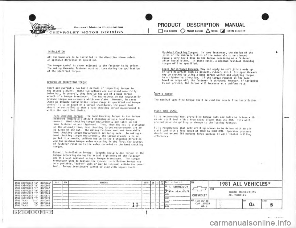 CHEVROLET CAMARO 1981  Assembly Manual 