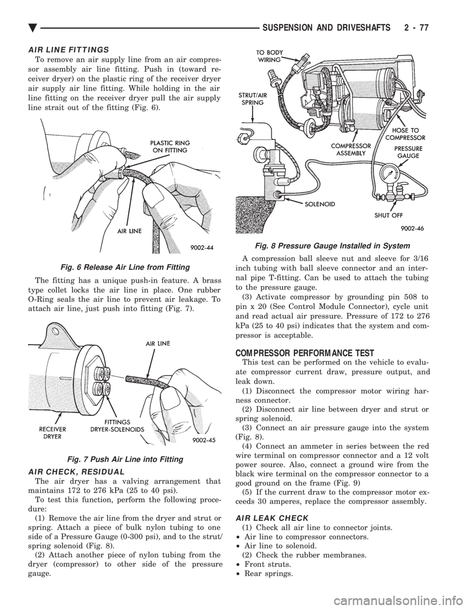 CHEVROLET DYNASTY 1993  Service Manual AIR LINE FITTINGS
To remove an air supply line from an air compres- 
sor assembly air line fitting. Push in (toward re-
ceiver dryer) on the plastic ring of the receiver dryer
air supply air line fitt