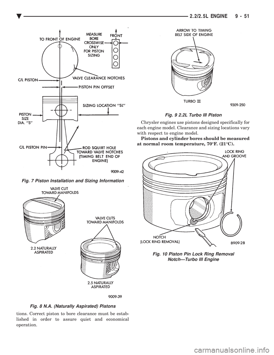 CHEVROLET DYNASTY 1993  Service Manual tions. Correct piston to bore clearance must be estab- 
lished in order to assure quiet and economical
operation.  Chrysler engines use pistons designed specifically for 
each engine model. Clearance 